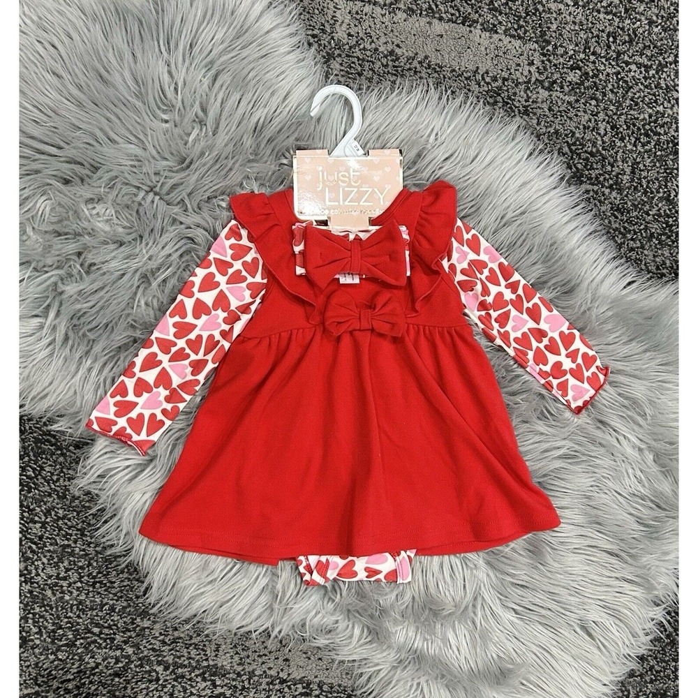 Just Lizzy Brand 12 Month Red Hearts Bib Dress-Bodysuit-Headband Set